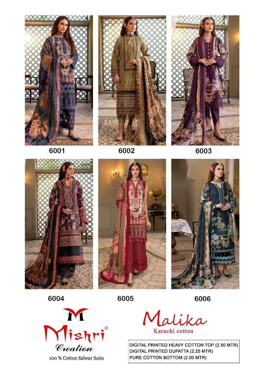 MALLIKA VOL-6 BY MISHRI CREATION 6001 TO 6006 SERIES BEAUTIFUL SUITS COLORFUL STYLISH FANCY CASUAL WEAR & ETHNIC WEAR HEAVY COTTON PRINT DRESSES AT WHOLESALE PRICE