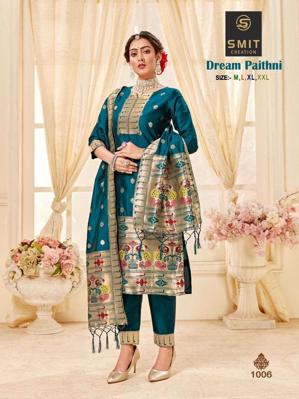 DREAM PAITHNI BY SMIT CREATION 1001 TO 1006 SERIES BEAUTIFUL STYLISH SUITS FANCY COLORFUL CASUAL WEAR & ETHNIC WEAR & READY TO WEAR PURE SILK PRINTED DRESSES AT WHOLESALE PRICE