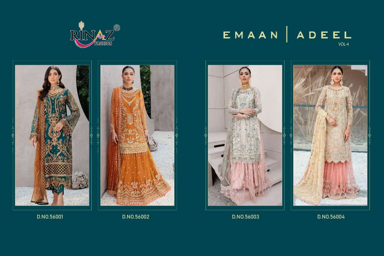 EMAAN ADEEL VOL-4 BY RINAZ FASHION 56001 TO 56004 SERIES PAKISTANI SUITS BEAUTIFUL FANCY COLORFUL STYLISH PARTY WEAR & OCCASIONAL WEAR FAUX GEORGETTE EMBROIDERY DRESSES AT WHOLESALE PRICE
