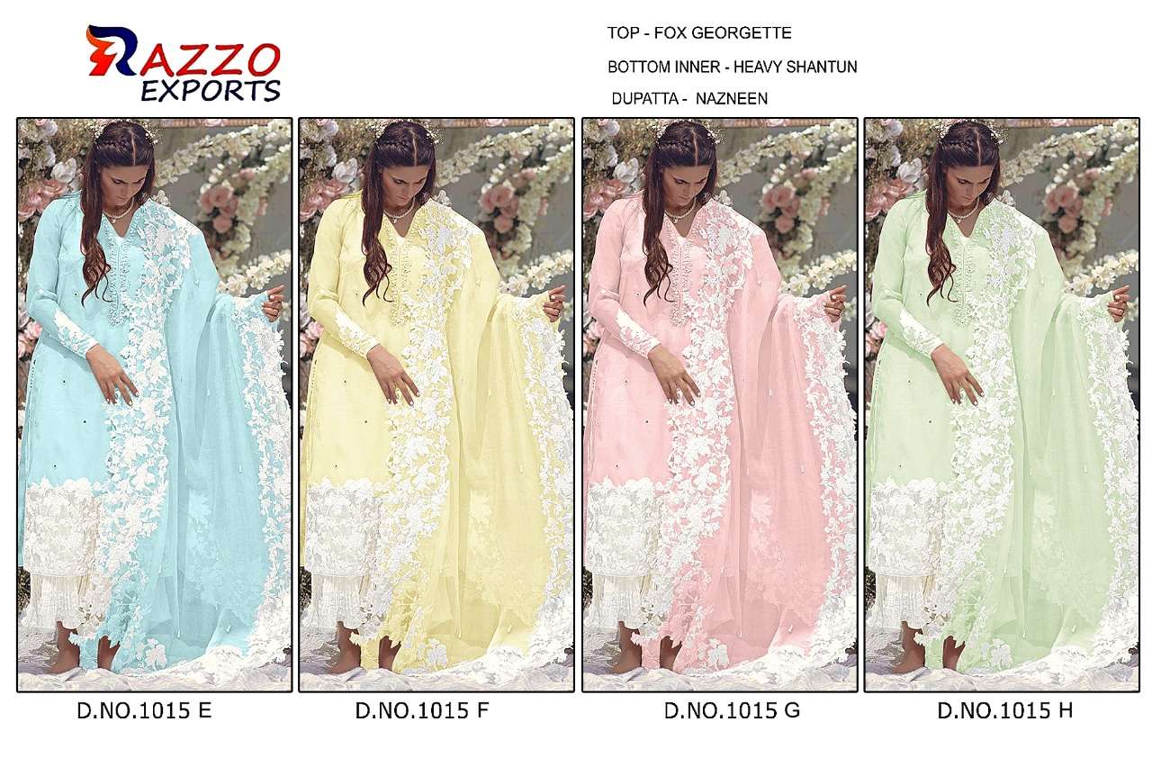 RAZZO HIT DESIGN 1015 COLOURS VOL-2 BY RAZZO EXPORTS 1015-E TO 1015-H SERIES PAKISTANI SUITS BEAUTIFUL FANCY COLORFUL STYLISH PARTY WEAR & OCCASIONAL WEAR FAUX GEORGETTE EMBROIDERY DRESSES AT WHOLESALE PRICE