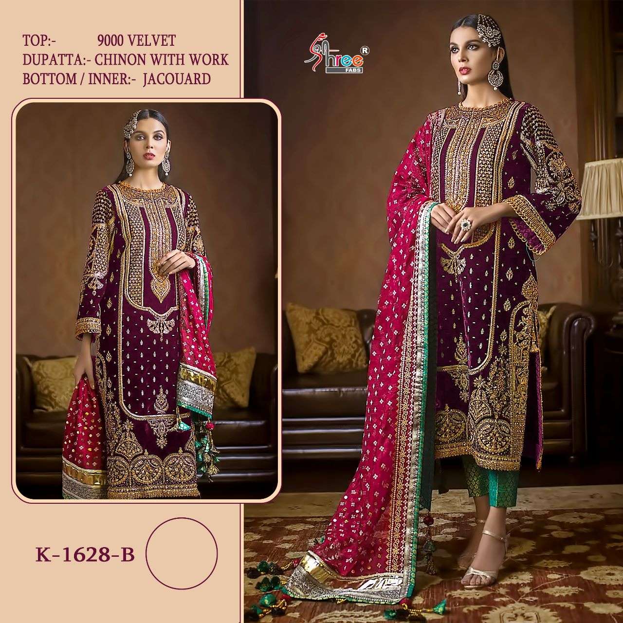 Shree Fabs Hit Design K-1628 Colours By Shree Fabs K-1628 To K-1628-C Series Pakistani Suits Beautiful Fancy Colorful Stylish Party Wear & Occasional Wear Velvet Embroidered Dresses At Wholesale Price