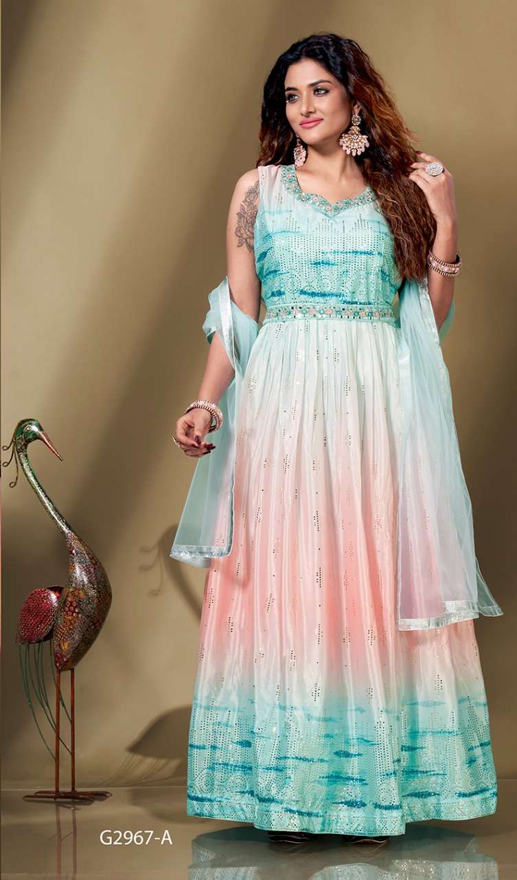 G-2967 By Amoha Trendz 2967-A To 2967-B Series Beautiful Stylish Fancy Colorful Casual Wear & Ethnic Wear Pure Chinnon Gowns With Dupatta At Wholesale Price