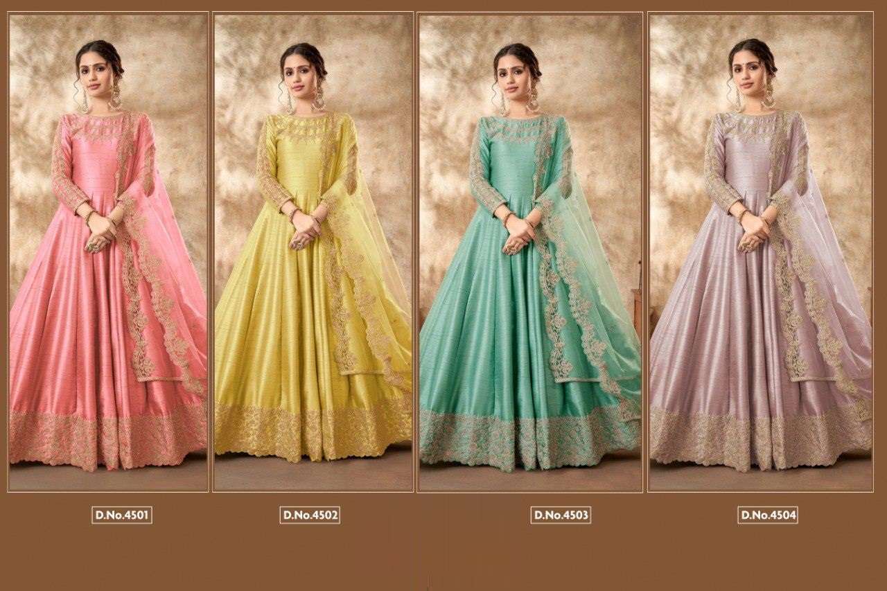 AANAYA VOL-145 BY TWISHA 4501 TO 4504 SERIES DESIGNER ANARKALI SUITS COLLECTION BEAUTIFUL STYLISH FANCY COLORFUL PARTY WEAR & OCCASIONAL WEAR ART SILK DRESSES AT WHOLESALE PRICE