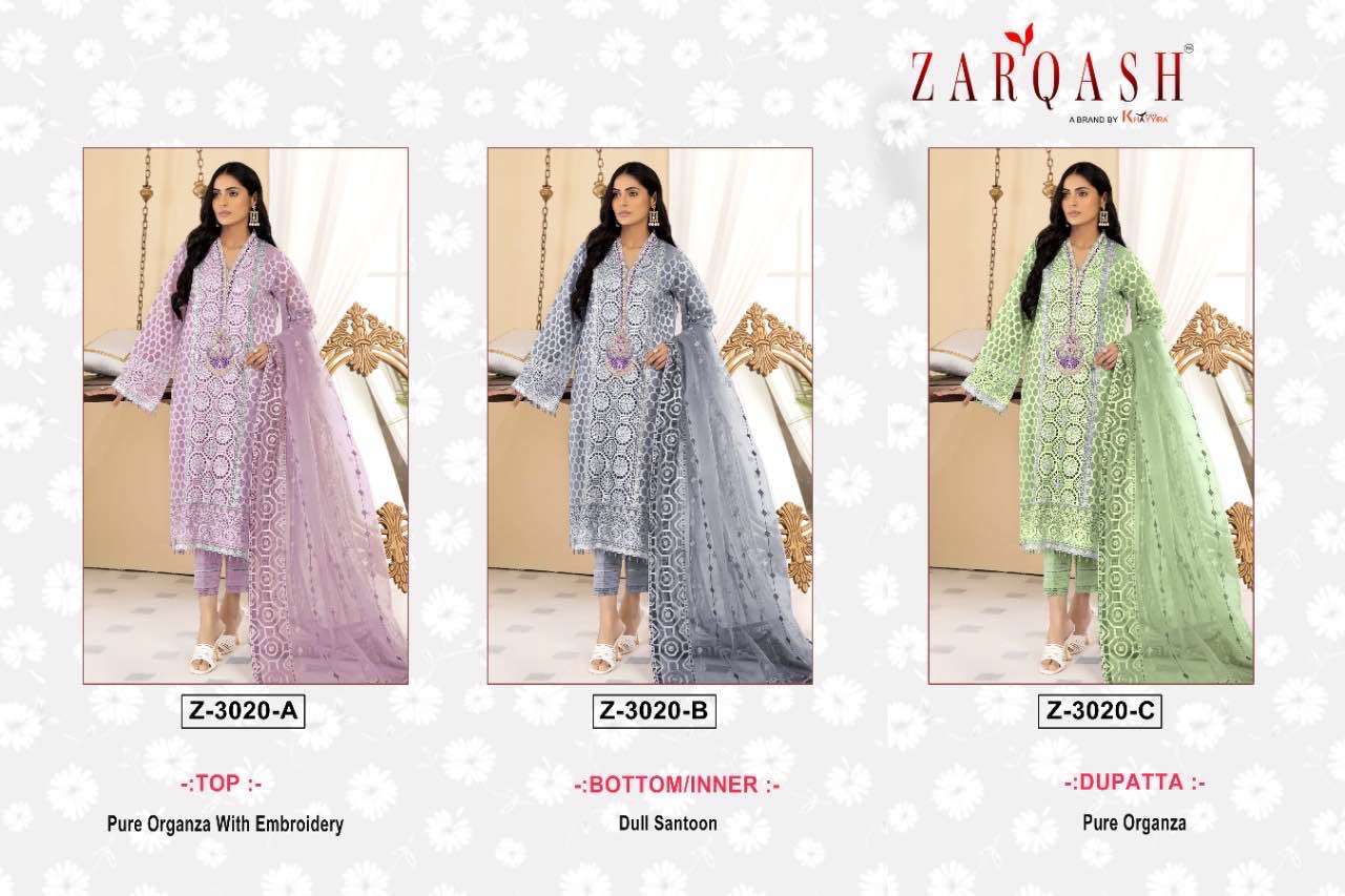 Zarqash Hit Design 3020 Colours By Zarqash 3020-A To 3020-C Series Designer Pakistani Suits Beautiful Fancy Colorful Stylish Party Wear & Occasional Wear Faux Georgette Dresses At Wholesale Price