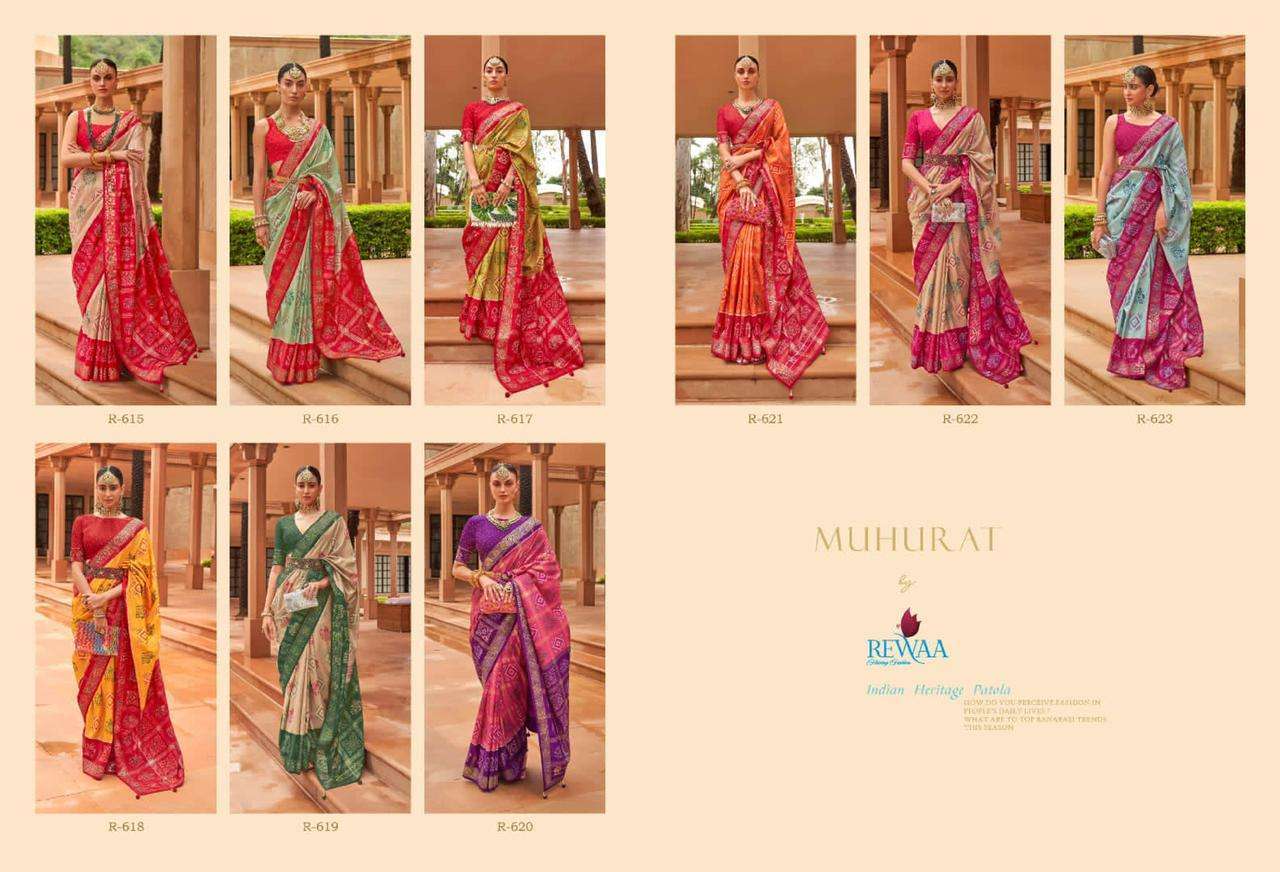 Muhurat By Rewaa 615 To 623 Series Indian Traditional Wear Collection Beautiful Stylish Fancy Colorful Party Wear & Occasional Wear Pure Silk Sarees At Wholesale Price