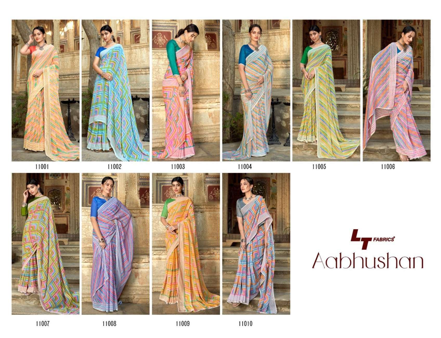 AABHUSHAN BY LT FABRICS 11001 TO 11010 SERIES INDIAN TRADITIONAL WEAR COLLECTION BEAUTIFUL STYLISH FANCY COLORFUL PARTY WEAR & OCCASIONAL WEAR WEIGHTLESS SAREES AT WHOLESALE PRICE