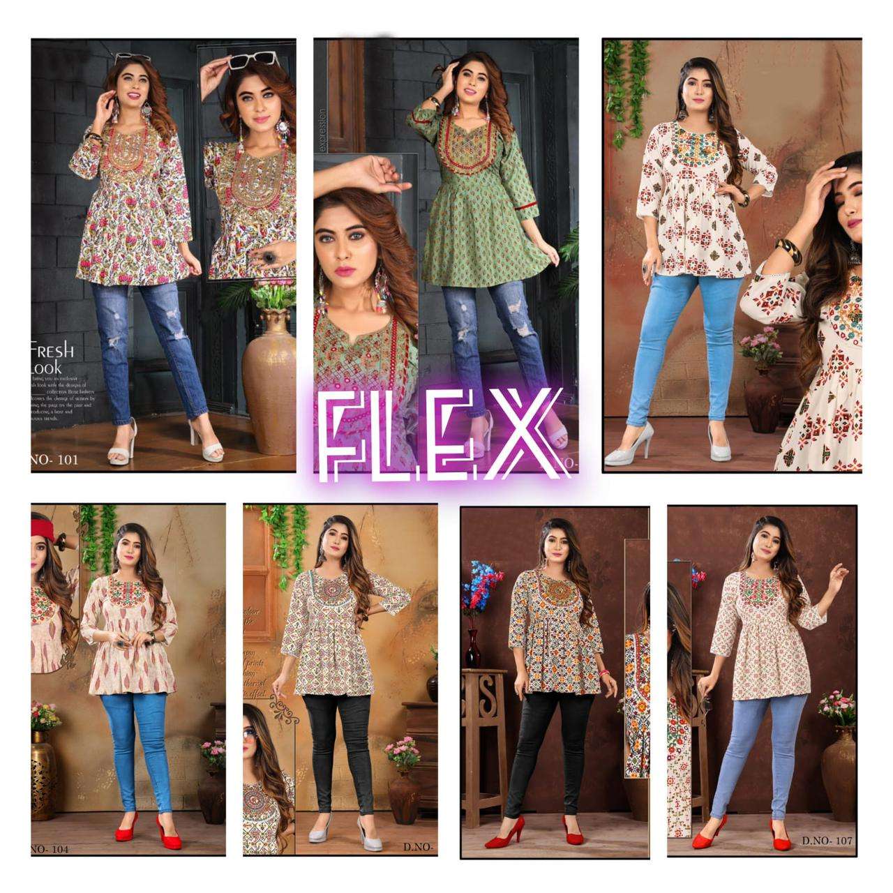 FLEX BY FF 101 TO 107 SERIES DESIGNER STYLISH FANCY COLORFUL BEAUTIFUL PARTY WEAR & ETHNIC WEAR COLLECTION COTTON TOPS AT WHOLESALE PRICE