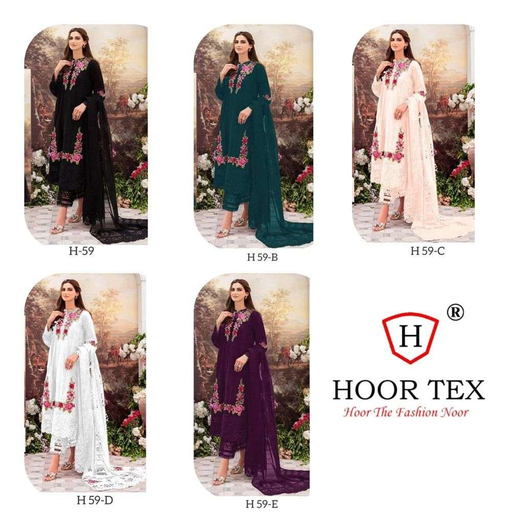 Hoor Tex Hit Design H-59 Colours By Hoor Tex H-59-A To H-59-E Series Pakistani Suits Beautiful Fancy Colorful Stylish Party Wear & Occasional Wear Faux Georgette Embroidery Dresses At Wholesale Price