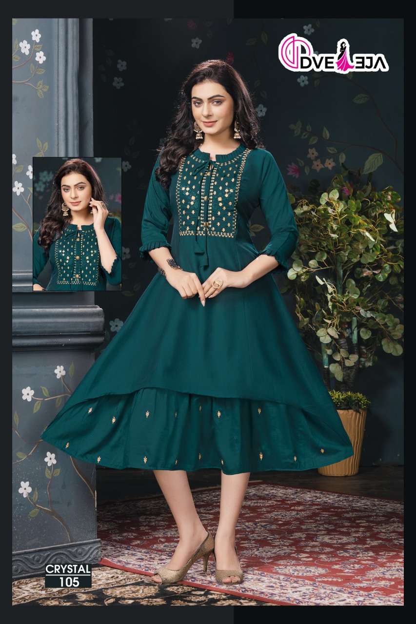 CRYSTAL BY DVEEJA 101 TO 106 SERIES BEAUTIFUL STYLISH FANCY COLORFUL CASUAL WEAR & ETHNIC WEAR CHINNON SILK KURTIS AT WHOLESALE PRICE