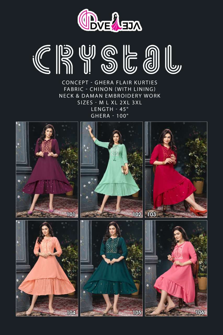 CRYSTAL BY DVEEJA 101 TO 106 SERIES BEAUTIFUL STYLISH FANCY COLORFUL CASUAL WEAR & ETHNIC WEAR CHINNON SILK KURTIS AT WHOLESALE PRICE