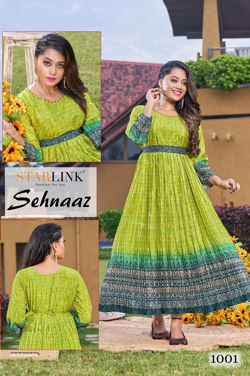 SEHNAAZ BY STARLINK 1001 TO 1008 SERIES BEAUTIFUL STYLISH FANCY COLORFUL CASUAL WEAR & ETHNIC WEAR CHINNON PRINT GOWNS AT WHOLESALE PRICE