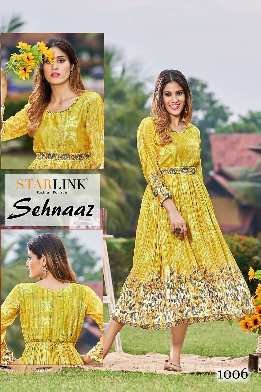 SEHNAAZ BY STARLINK 1001 TO 1008 SERIES BEAUTIFUL STYLISH FANCY COLORFUL CASUAL WEAR & ETHNIC WEAR CHINNON PRINT GOWNS AT WHOLESALE PRICE