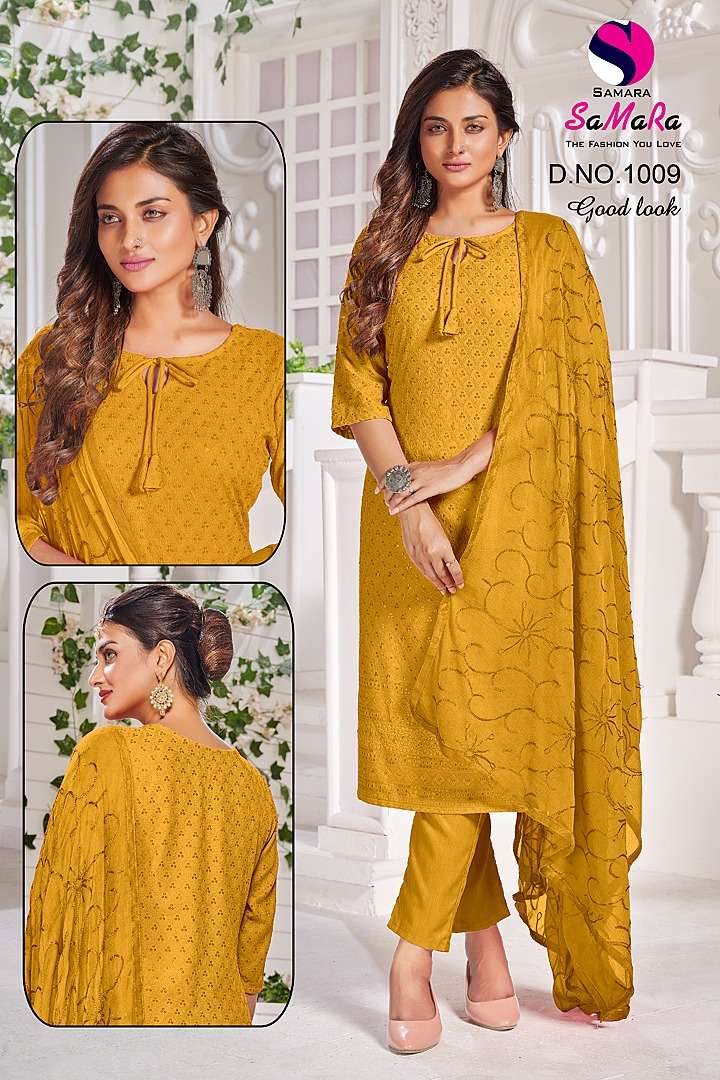 GOOD LOOK BY SAMARA 1001 TO 1010 SERIES DESIGNER SUITS BEAUTIFUL STYLISH FANCY COLORFUL PARTY WEAR & OCCASIONAL WEAR RAYON WITH WORK DRESSES AT WHOLESALE PRICE