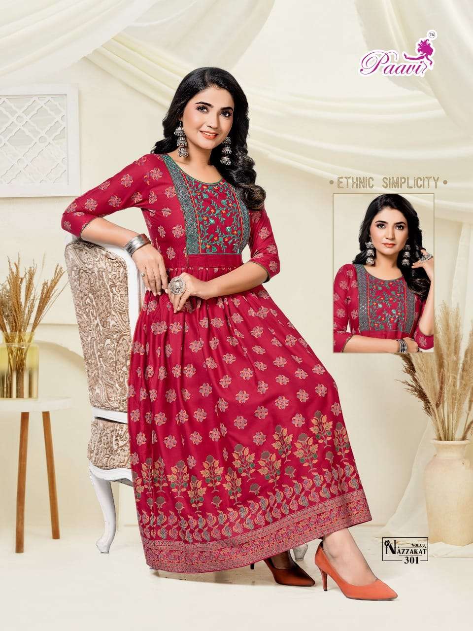 NAZZAKAT VOL-3 BY PAAVI 301 TO 308 SERIES BEAUTIFUL STYLISH FANCY COLORFUL CASUAL WEAR & ETHNIC WEAR RAYON PRINT GOWNS AT WHOLESALE PRICE