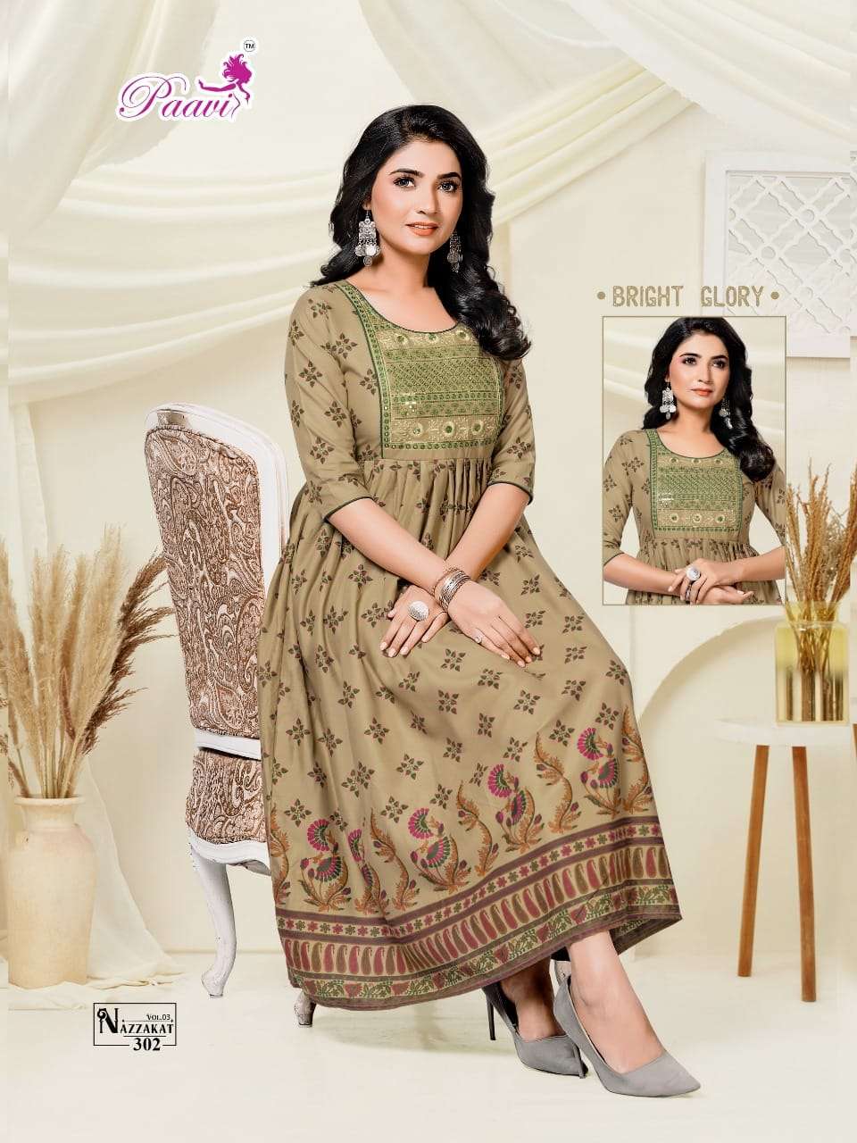 NAZZAKAT VOL-3 BY PAAVI 301 TO 308 SERIES BEAUTIFUL STYLISH FANCY COLORFUL CASUAL WEAR & ETHNIC WEAR RAYON PRINT GOWNS AT WHOLESALE PRICE