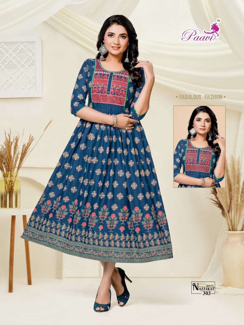 NAZZAKAT VOL-3 BY PAAVI 301 TO 308 SERIES BEAUTIFUL STYLISH FANCY COLORFUL CASUAL WEAR & ETHNIC WEAR RAYON PRINT GOWNS AT WHOLESALE PRICE