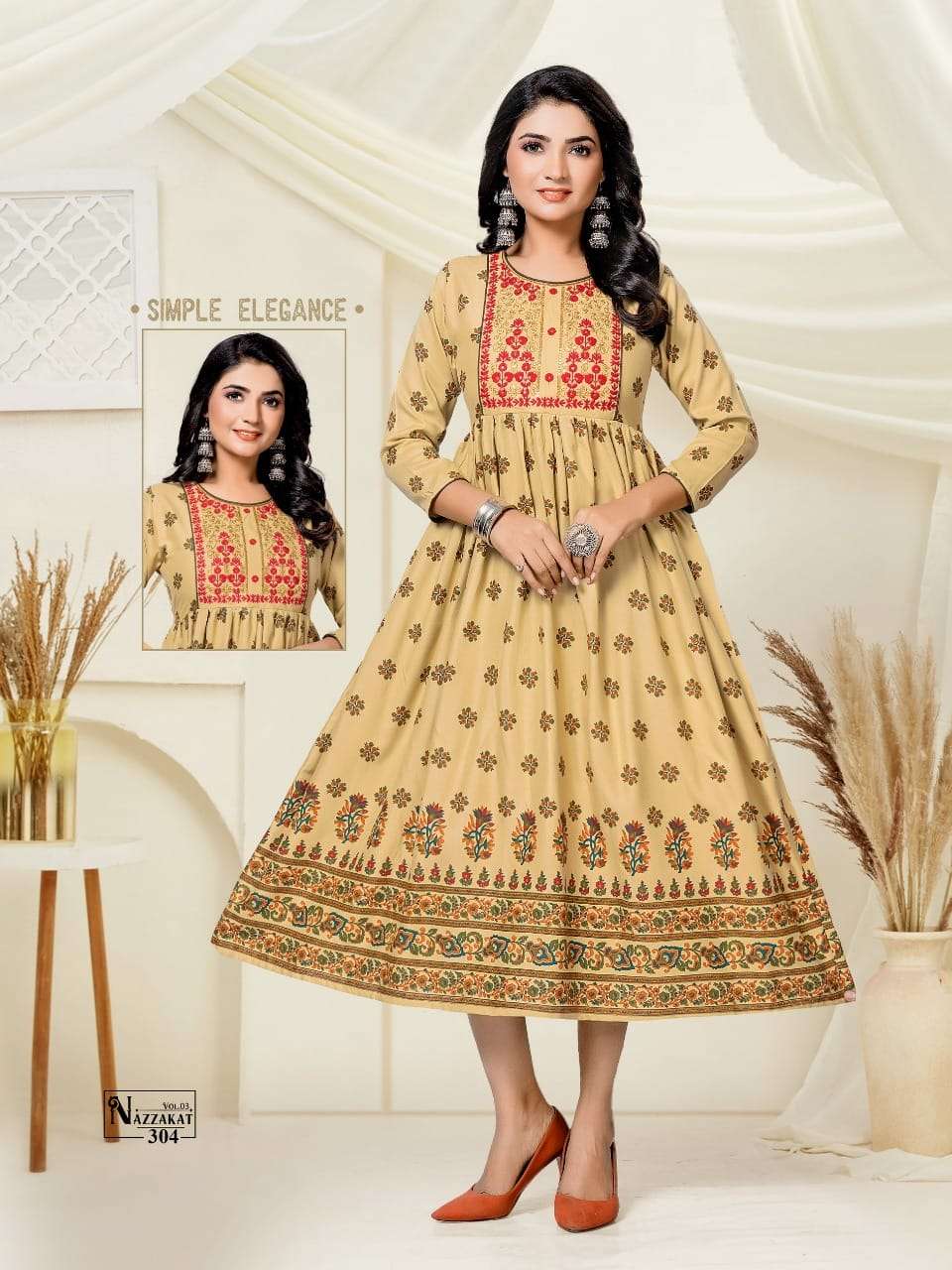 NAZZAKAT VOL-3 BY PAAVI 301 TO 308 SERIES BEAUTIFUL STYLISH FANCY COLORFUL CASUAL WEAR & ETHNIC WEAR RAYON PRINT GOWNS AT WHOLESALE PRICE