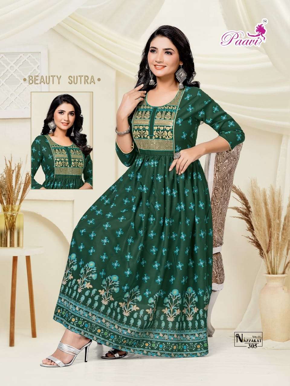 NAZZAKAT VOL-3 BY PAAVI 301 TO 308 SERIES BEAUTIFUL STYLISH FANCY COLORFUL CASUAL WEAR & ETHNIC WEAR RAYON PRINT GOWNS AT WHOLESALE PRICE