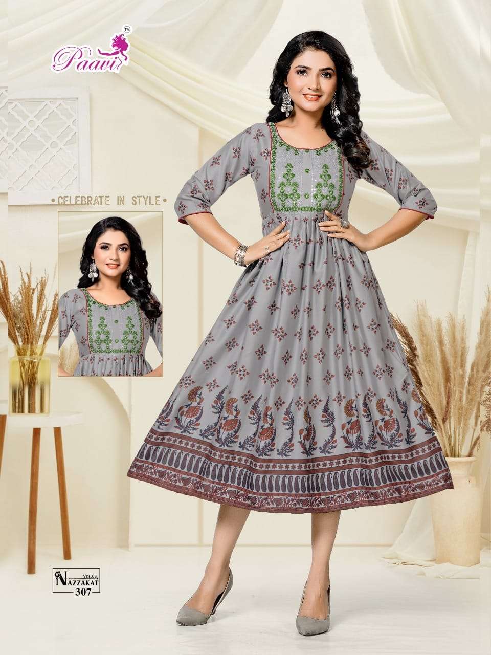 NAZZAKAT VOL-3 BY PAAVI 301 TO 308 SERIES BEAUTIFUL STYLISH FANCY COLORFUL CASUAL WEAR & ETHNIC WEAR RAYON PRINT GOWNS AT WHOLESALE PRICE