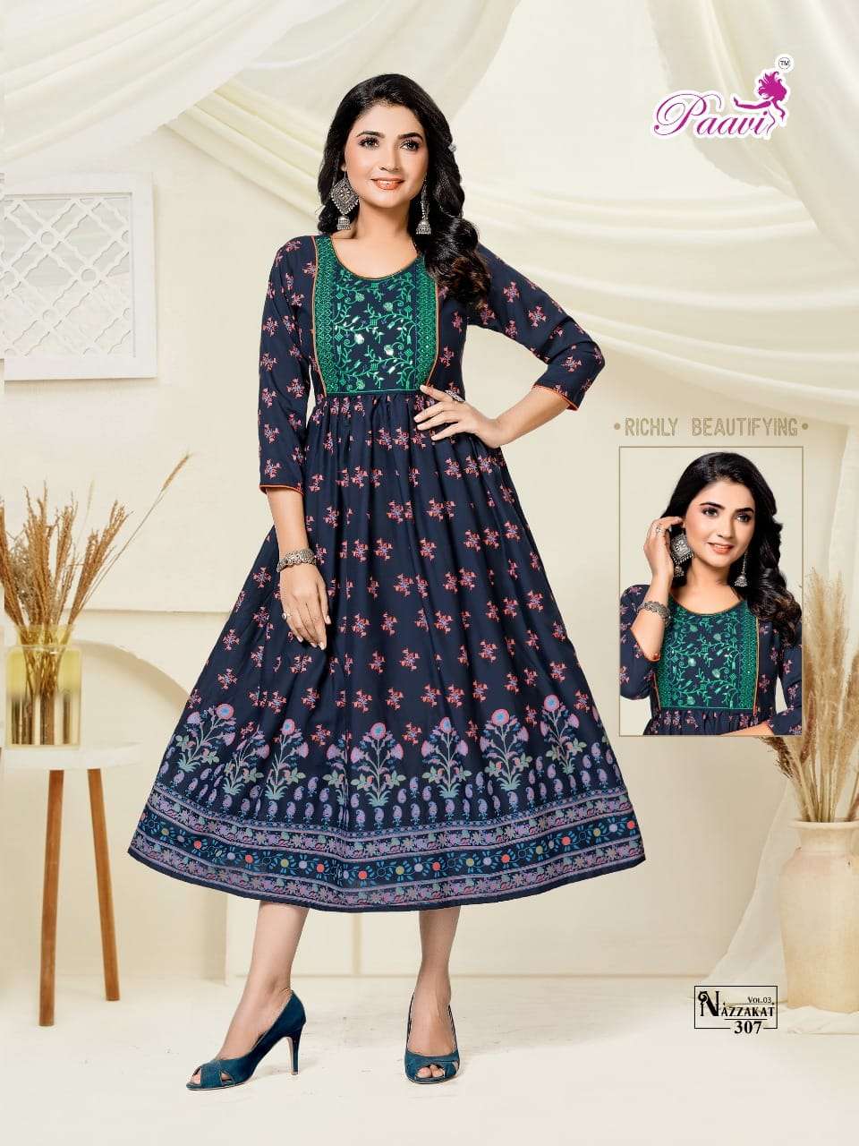 NAZZAKAT VOL-3 BY PAAVI 301 TO 308 SERIES BEAUTIFUL STYLISH FANCY COLORFUL CASUAL WEAR & ETHNIC WEAR RAYON PRINT GOWNS AT WHOLESALE PRICE