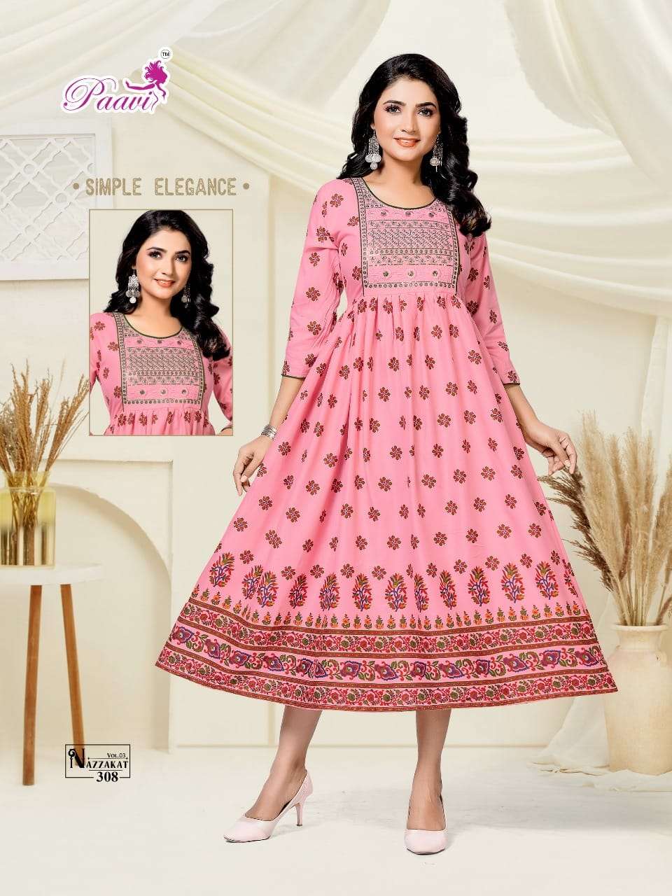 NAZZAKAT VOL-3 BY PAAVI 301 TO 308 SERIES BEAUTIFUL STYLISH FANCY COLORFUL CASUAL WEAR & ETHNIC WEAR RAYON PRINT GOWNS AT WHOLESALE PRICE