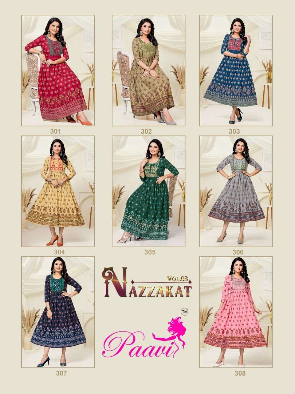 NAZZAKAT VOL-3 BY PAAVI 301 TO 308 SERIES BEAUTIFUL STYLISH FANCY COLORFUL CASUAL WEAR & ETHNIC WEAR RAYON PRINT GOWNS AT WHOLESALE PRICE