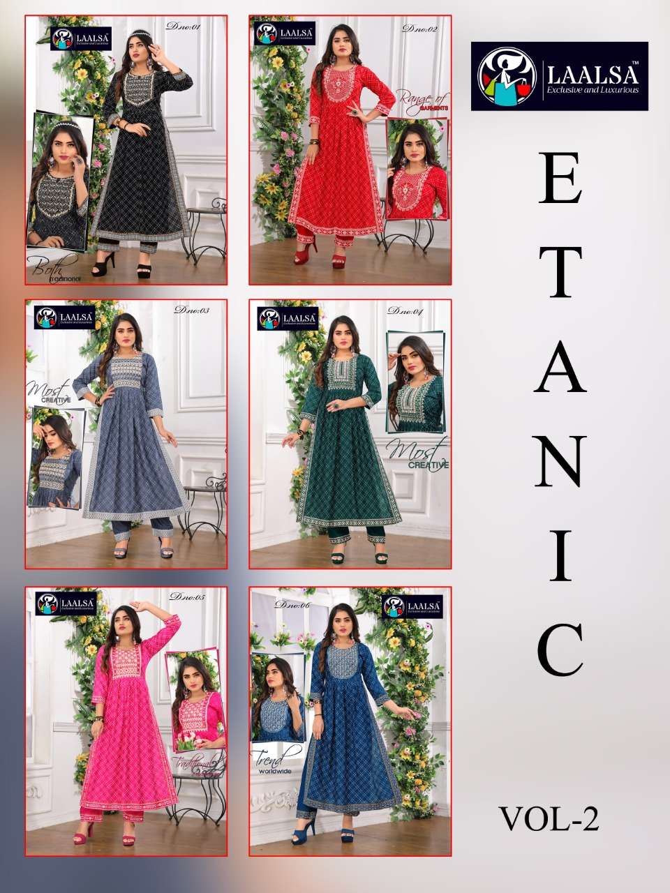 ETANIC VOL-2 BY LAALSA 01 TO 06 SERIES DESIGNER STYLISH FANCY COLORFUL BEAUTIFUL PARTY WEAR & ETHNIC WEAR COLLECTION RAYON KURTIS WITH BOTTOM AT WHOLESALE PRICE