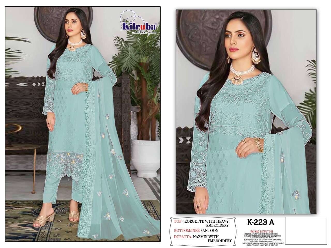KILRUBA HIT DESIGN K-223 COLOURS BY KILRUBA K-223TO K-223-A SERIES DESIGNER PAKISTANI SUITS COLLECTION BEAUTIFUL STYLISH COLORFUL FANCY PARTY WEAR & OCCASIONAL WEAR HEAVY GEORGETTE DRESSES AT WHOLESALE PRICE