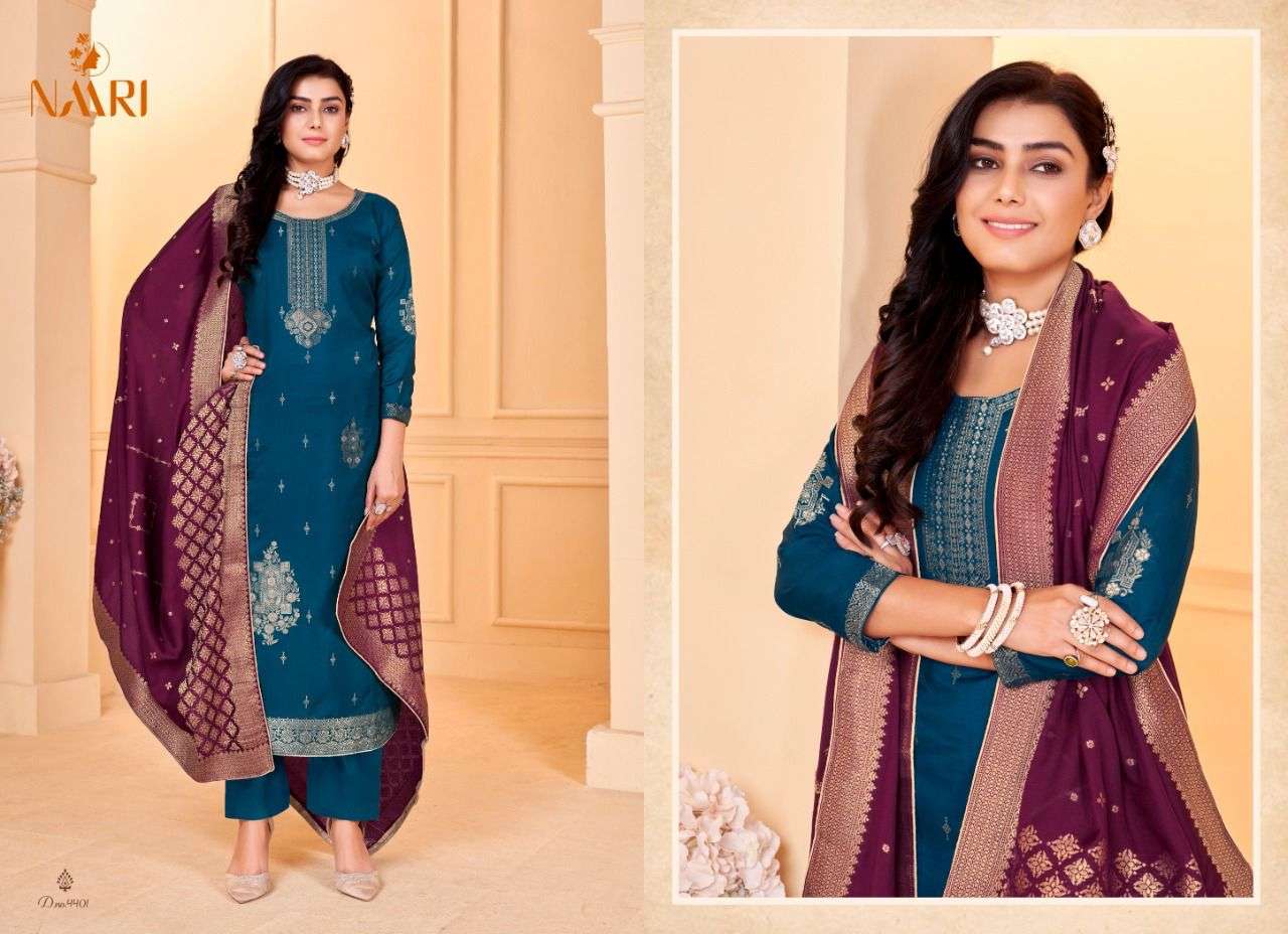 MEHAR VOL-3 BY NAARI 4401 TO 4404 SERIES DESIGNER SUITS COLLECTION BEAUTIFUL STYLISH FANCY COLORFUL PARTY WEAR & OCCASIONAL WEAR MUSLIN JACQUARD DRESSES AT WHOLESALE PRICE