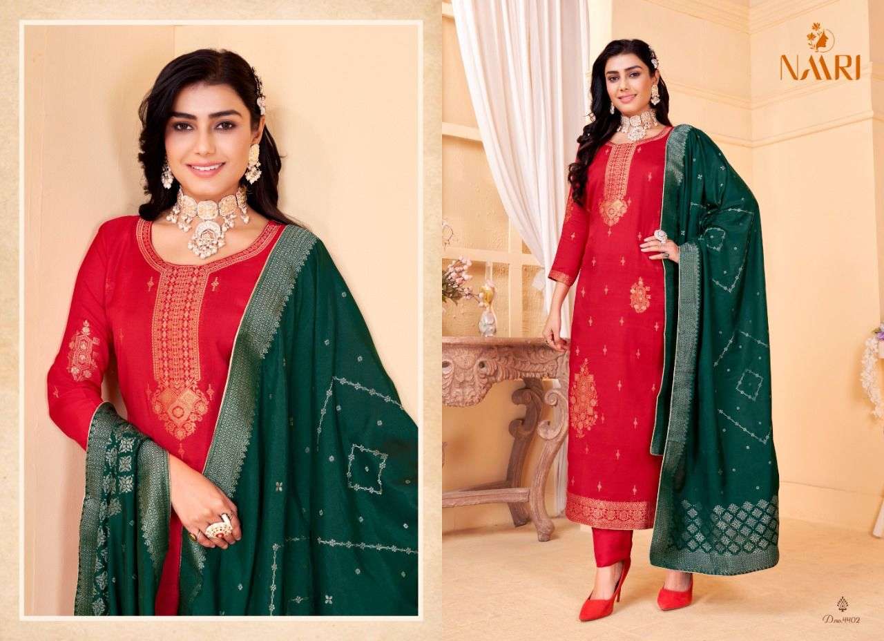 MEHAR VOL-3 BY NAARI 4401 TO 4404 SERIES DESIGNER SUITS COLLECTION BEAUTIFUL STYLISH FANCY COLORFUL PARTY WEAR & OCCASIONAL WEAR MUSLIN JACQUARD DRESSES AT WHOLESALE PRICE