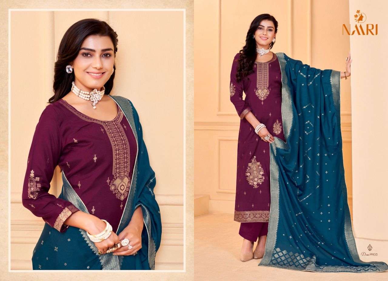 MEHAR VOL-3 BY NAARI 4401 TO 4404 SERIES DESIGNER SUITS COLLECTION BEAUTIFUL STYLISH FANCY COLORFUL PARTY WEAR & OCCASIONAL WEAR MUSLIN JACQUARD DRESSES AT WHOLESALE PRICE