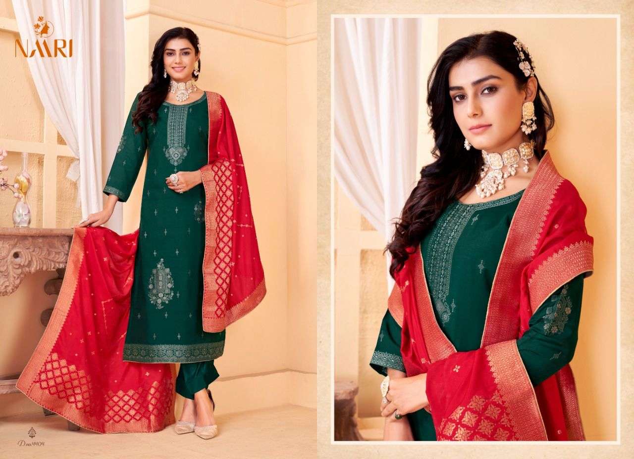 MEHAR VOL-3 BY NAARI 4401 TO 4404 SERIES DESIGNER SUITS COLLECTION BEAUTIFUL STYLISH FANCY COLORFUL PARTY WEAR & OCCASIONAL WEAR MUSLIN JACQUARD DRESSES AT WHOLESALE PRICE