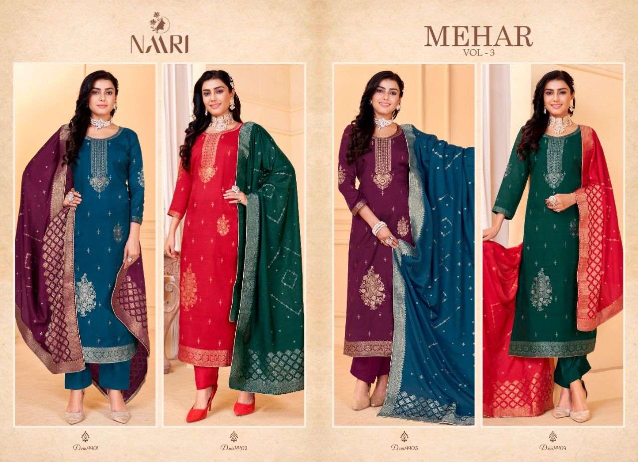 MEHAR VOL-3 BY NAARI 4401 TO 4404 SERIES DESIGNER SUITS COLLECTION BEAUTIFUL STYLISH FANCY COLORFUL PARTY WEAR & OCCASIONAL WEAR MUSLIN JACQUARD DRESSES AT WHOLESALE PRICE