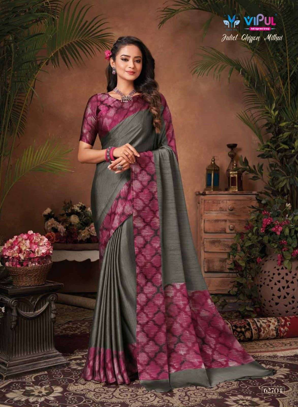 JULIET CHIFFON MITHAI BY VIPUL FASHION 62703 TO 62714 SERIES INDIAN TRADITIONAL WEAR COLLECTION BEAUTIFUL STYLISH FANCY COLORFUL PARTY WEAR & OCCASIONAL WEAR CHIFFON SAREES AT WHOLESALE PRICE