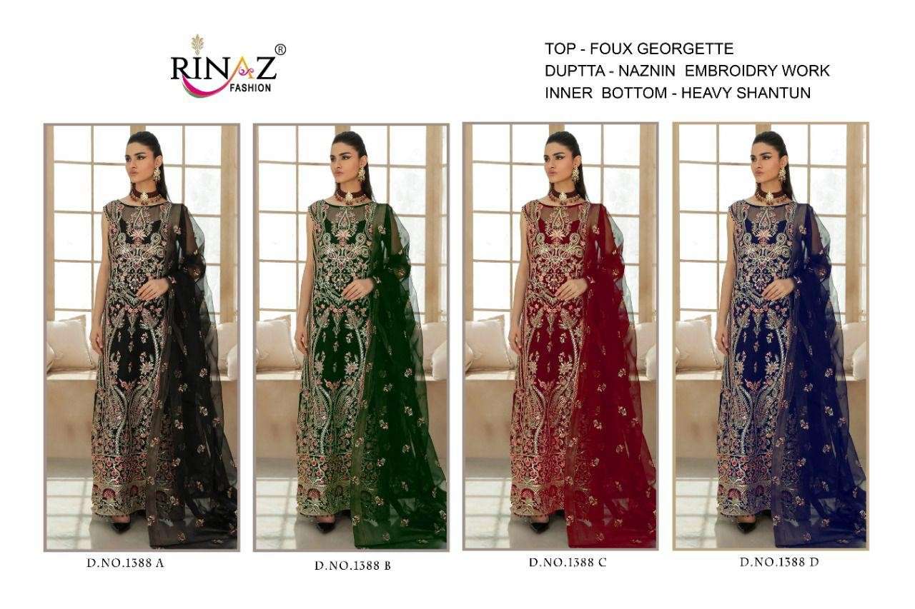 RINAZ 1388 COLOURS BY RINAZ FASHION 1388-A TO 1388-D SERIES DESIGNER FESTIVE PAKISTANI SUITS COLLECTION BEAUTIFUL STYLISH FANCY COLORFUL PARTY WEAR & OCCASIONAL WEAR HEAVY FAUX GEORGETTE EMBROIDERED DRESSES AT WHOLESALE PRICE