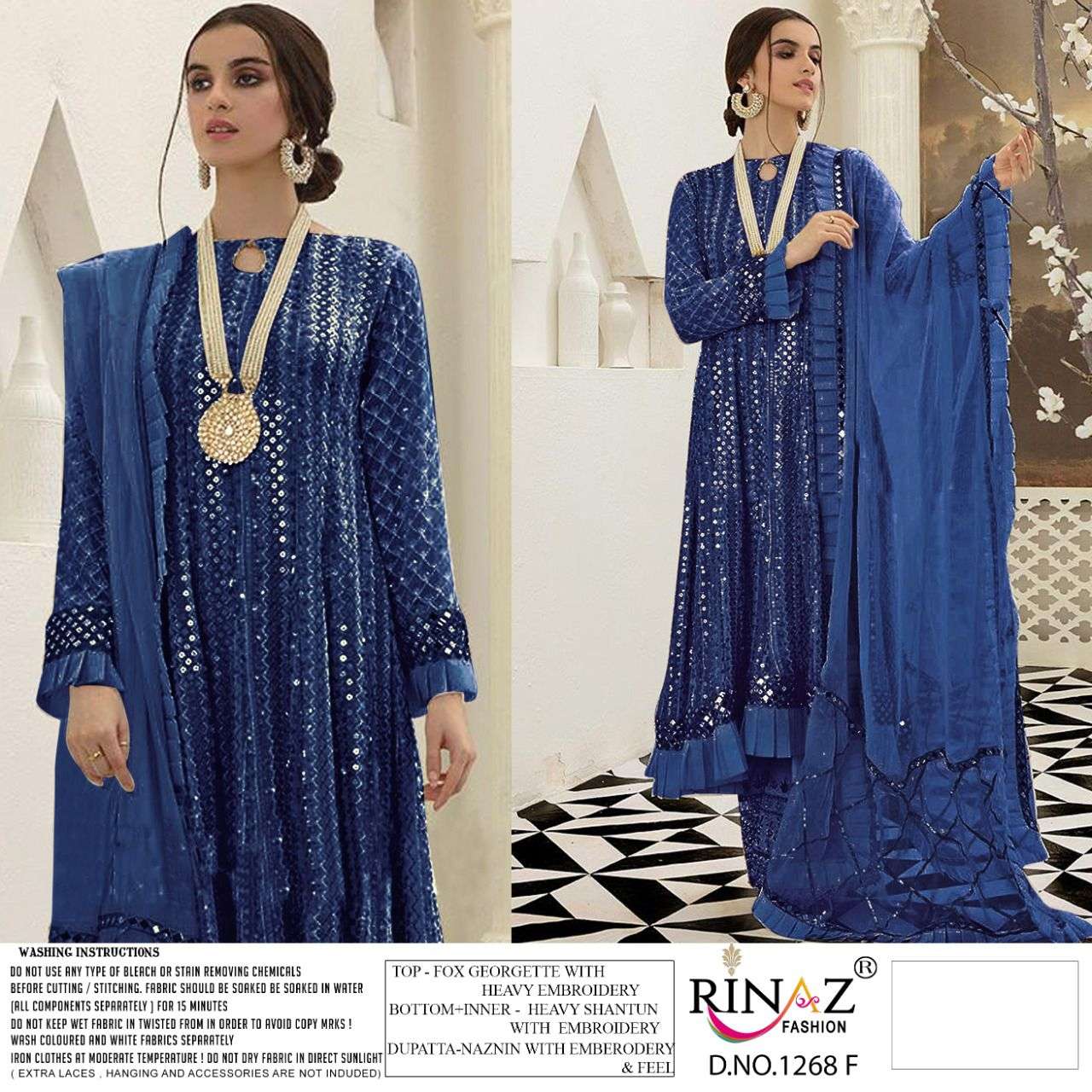 RINAZ 1268 COLOURS VOL-2 BY RINAZ FASHION 1268-F TO 1268-J SERIES BEAUTIFUL STYLISH PAKISTANI SUITS FANCY COLORFUL CASUAL WEAR & ETHNIC WEAR & READY TO WEAR FAUX GEORGETTE EMBROIDERY DRESSES AT WHOLESALE PRICE