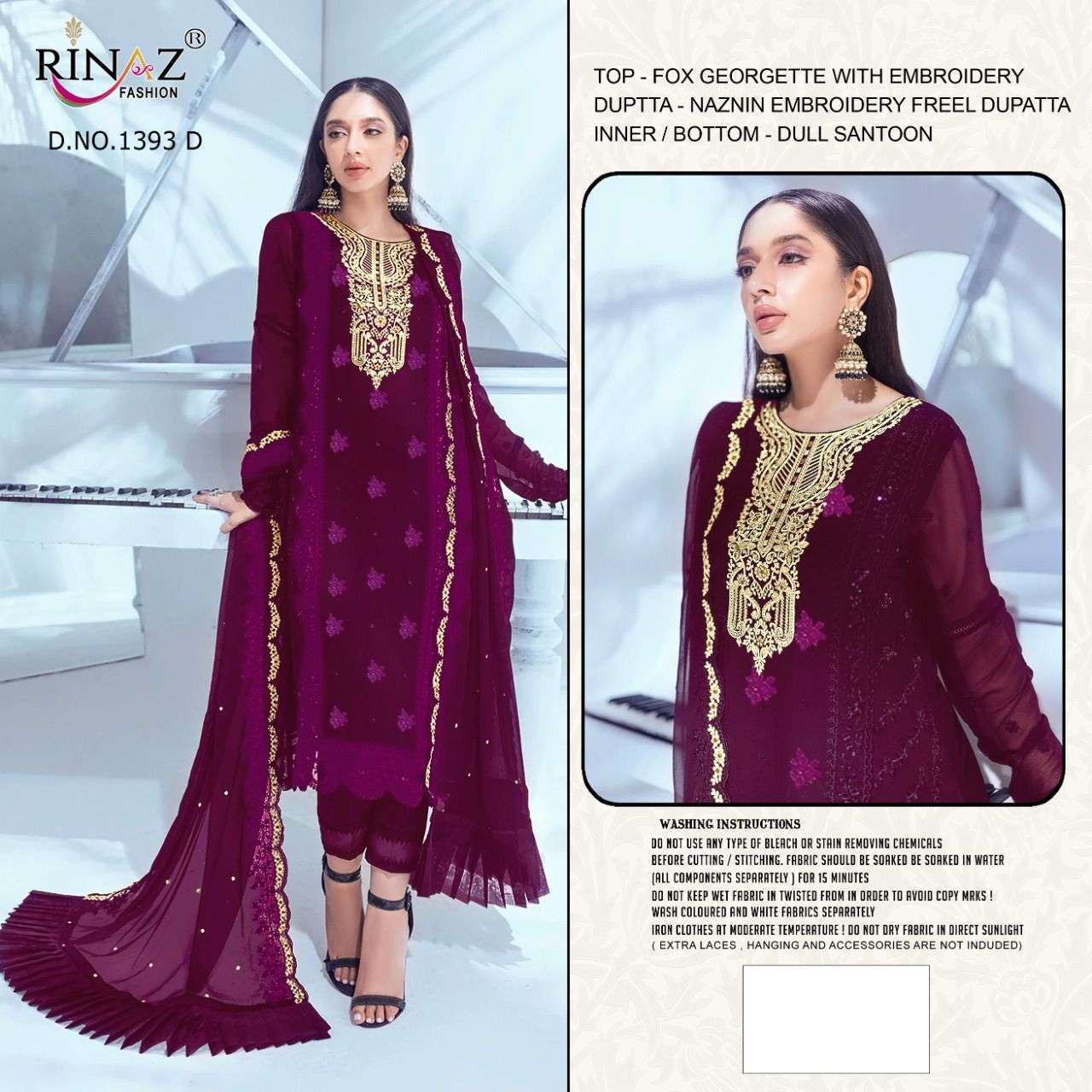 RINAZ 1393 COLOURS BY RINAZ FASHION 1393-A TO 1393-D SERIES BEAUTIFUL STYLISH PAKISTANI SUITS FANCY COLORFUL CASUAL WEAR & ETHNIC WEAR & READY TO WEAR FAUX GEORGETTE EMBROIDERY DRESSES AT WHOLESALE PRICE