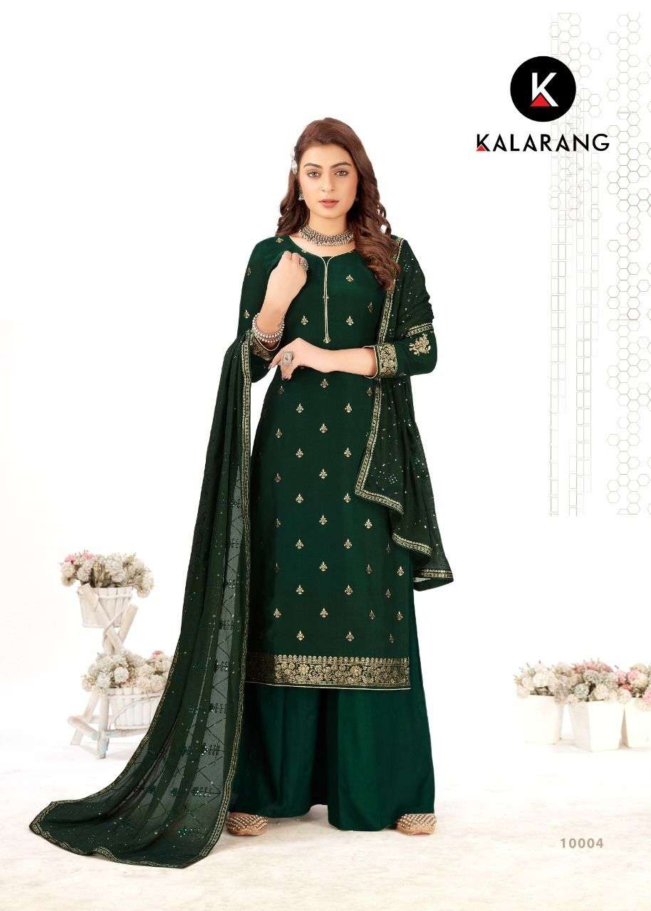 PALVI BY KALARANG 10001 TO 10006 SERIES DESIGNER SHARARA SUITS COLLECTION BEAUTIFUL STYLISH FANCY COLORFUL PARTY WEAR & OCCASIONAL WEAR MUSLIN JACQUARD EMBROIDERED DRESSES AT WHOLESALE PRICE