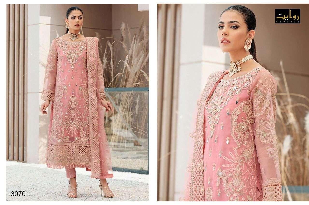 DAMASK X ROUCHE VOL-9 BY RAWAYAT 369 TO 371 SERIES BEAUTIFUL PAKISTANI SUITS COLORFUL STYLISH FANCY CASUAL WEAR & ETHNIC WEAR FAUX GEORGETTE DRESSES AT WHOLESALE PRICE