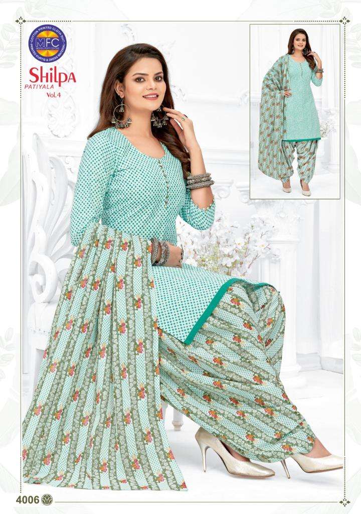 SHILPA PATIYALA VOL-4 BY MFC 4001 TO 4012 SERIES BEAUTIFUL STYLISH SUITS FANCY COLORFUL CASUAL WEAR & ETHNIC WEAR & READY TO WEAR SOFT COTTON DRESSES AT WHOLESALE PRICE