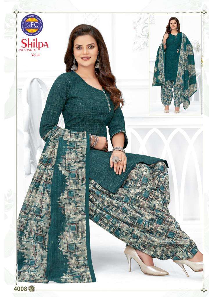 SHILPA PATIYALA VOL-4 BY MFC 4001 TO 4012 SERIES BEAUTIFUL STYLISH SUITS FANCY COLORFUL CASUAL WEAR & ETHNIC WEAR & READY TO WEAR SOFT COTTON DRESSES AT WHOLESALE PRICE