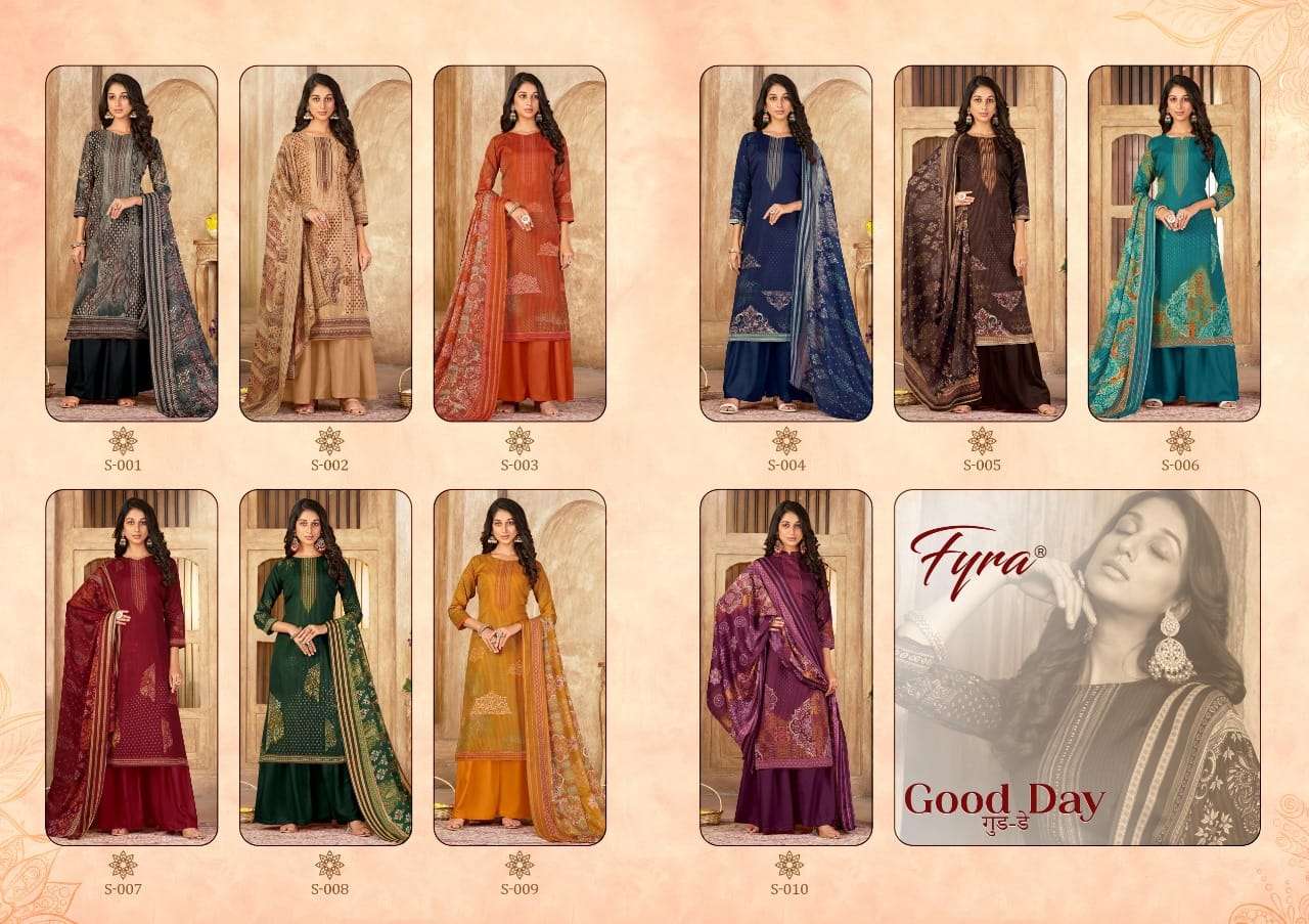 GOOD DAY BY FYRA 001 TO 010 SERIES BEAUTIFUL STYLISH SUITS FANCY COLORFUL CASUAL WEAR & ETHNIC WEAR & READY TO WEAR SOFT COTTON EMBRODIERED DRESSES AT WHOLESALE PRICE
