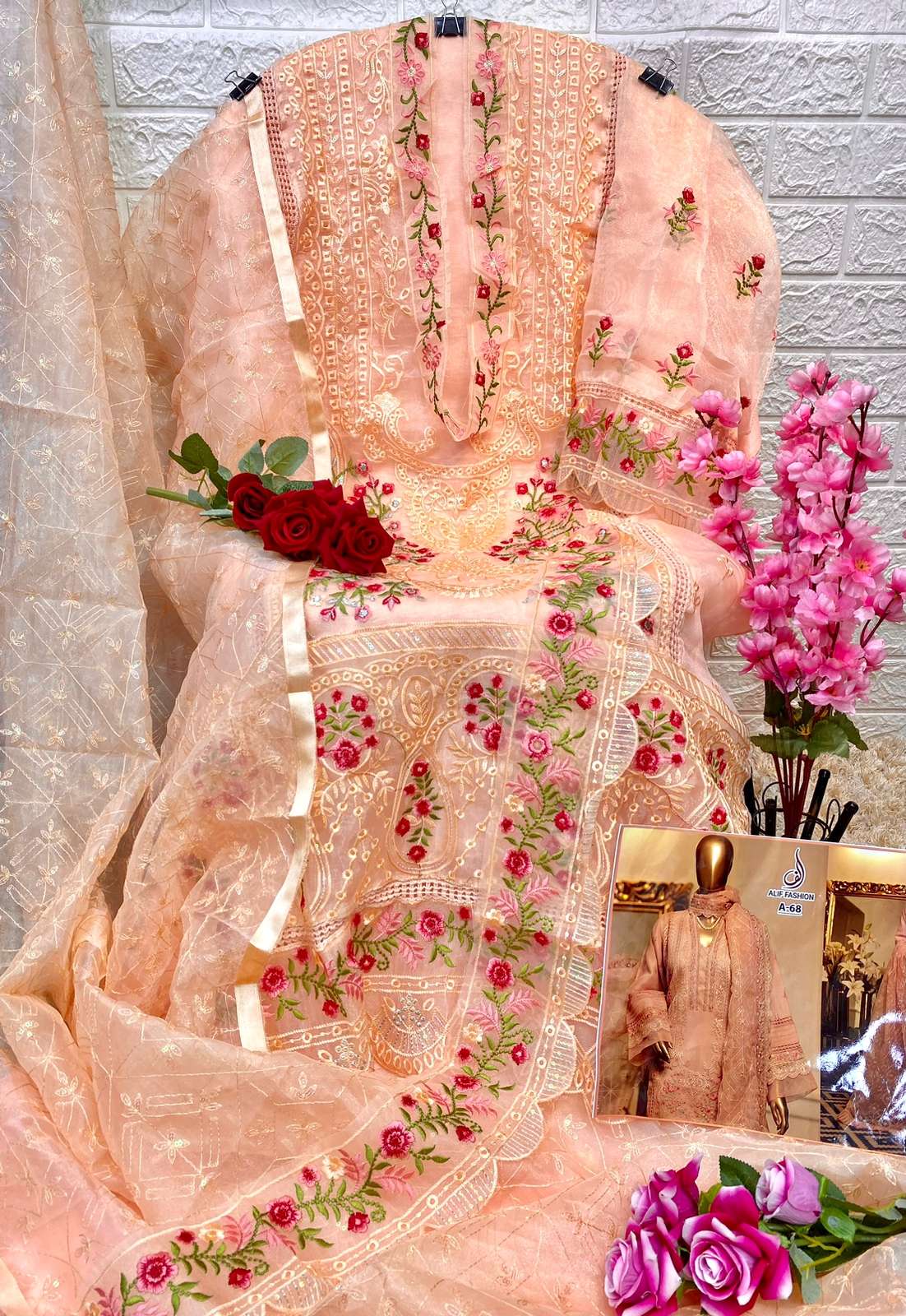 ALIF HIT DESIGN A-68 BY ALIF FASHION DESIGNER PAKISTANI SUITS BEAUTIFUL FANCY COLORFUL STYLISH PARTY WEAR & OCCASIONAL WEAR ORGANZA EMBROIDERED DRESSES AT WHOLESALE PRICE