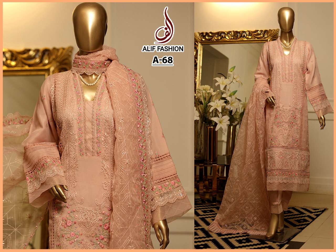 ALIF HIT DESIGN A-68 BY ALIF FASHION DESIGNER PAKISTANI SUITS BEAUTIFUL FANCY COLORFUL STYLISH PARTY WEAR & OCCASIONAL WEAR ORGANZA EMBROIDERED DRESSES AT WHOLESALE PRICE