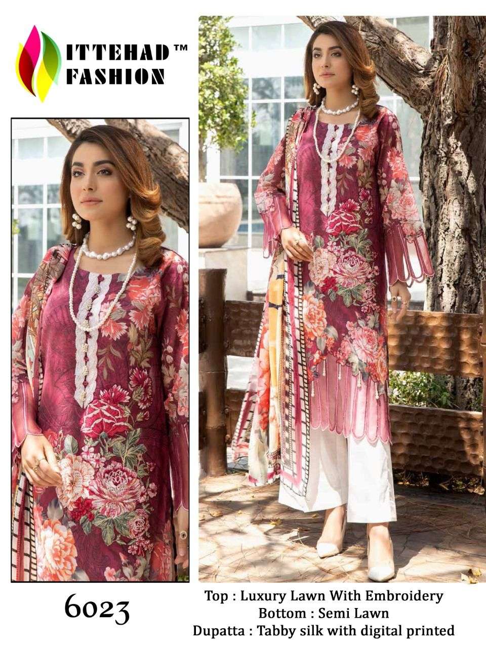ITTEHAD 6023 SERIES BY ITTEHAD FASHION 6023 TO 6024 SERIES DESIGNER PAKISTANI SUITS BEAUTIFUL FANCY COLORFUL STYLISH PARTY WEAR & OCCASIONAL WEAR HEAVY LAWN PRINT DRESSES AT WHOLESALE PRICE