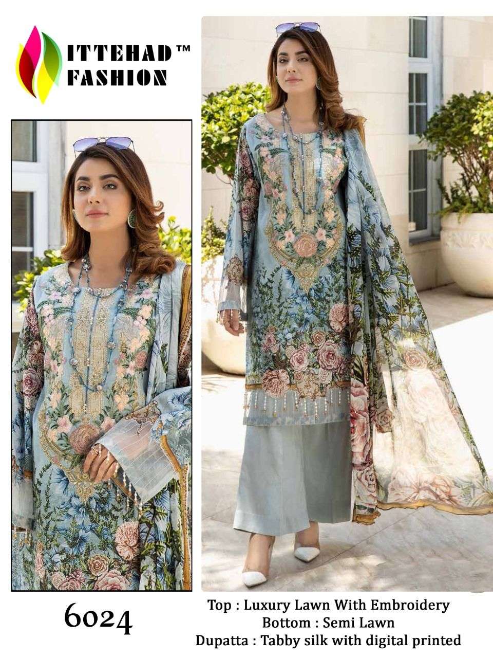 ITTEHAD 6023 SERIES BY ITTEHAD FASHION 6023 TO 6024 SERIES DESIGNER PAKISTANI SUITS BEAUTIFUL FANCY COLORFUL STYLISH PARTY WEAR & OCCASIONAL WEAR HEAVY LAWN PRINT DRESSES AT WHOLESALE PRICE
