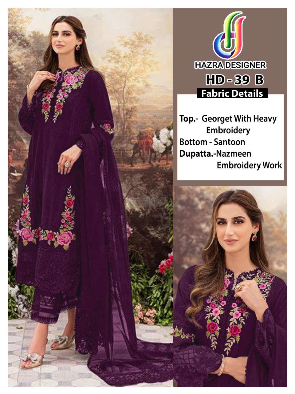 HAZRA HIT DESIGN 39-B BY HAZRA DESIGNER DESIGNER PAKISTANI SUITS COLLECTION BEAUTIFUL STYLISH FANCY COLORFUL PARTY WEAR & OCCASIONAL WEAR GEORGETTE EMBROIDERED DRESSES AT WHOLESALE PRICE