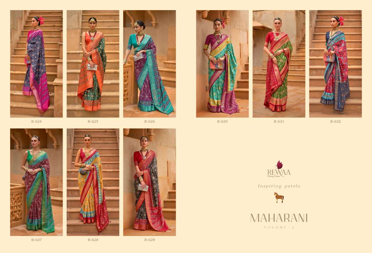 Maharani Vol-2 By Rewaa 624 To 632 Series Indian Traditional Wear Collection Beautiful Stylish Fancy Colorful Party Wear & Occasional Wear Patola Silk Sarees At Wholesale Price
