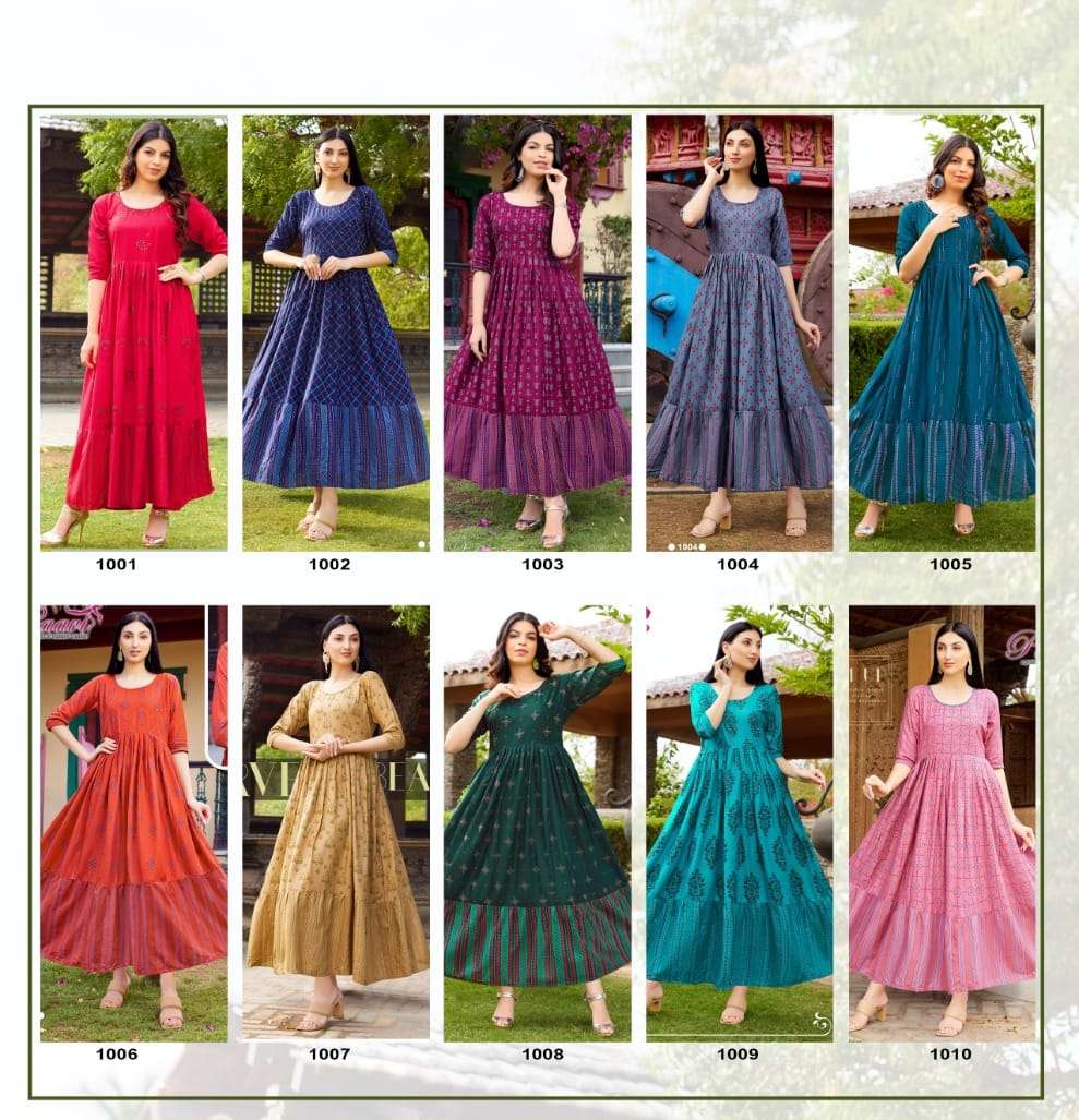 AARADHYA VOL-1 BY PAAVI 1001 TO 1010 SERIES BEAUTIFUL STYLISH FANCY COLORFUL CASUAL WEAR & ETHNIC WEAR HEAVY RAYON GOWNS AT WHOLESALE PRICE