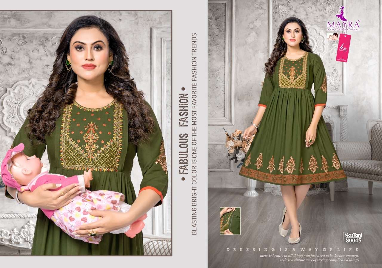 MASTANI BY MAYRA 80043 TO 80050 SERIES DESIGNER STYLISH FANCY COLORFUL BEAUTIFUL PARTY WEAR & ETHNIC WEAR COLLECTION RAYON EMBROIDERED KURTIS AT WHOLESALE PRICE